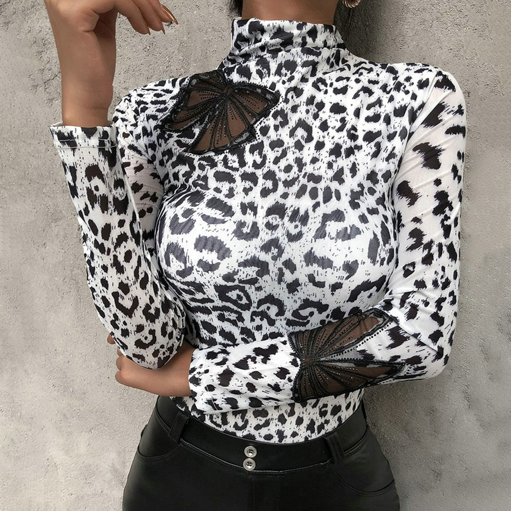 Sale Women Blouses Fashion Leopard Print Turtleneck Blouse Spring Long Sleeve Shirts Party Ladies Clothes Female Blouses Top D30