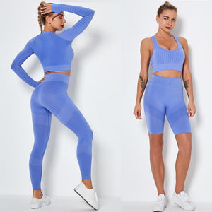 Women's Sportswear Seamless Yoga Set Gym Clothing Sports Suits Fitness Bra Crop Top Legging Long Sleeve Shirt Fitness Shorts Set