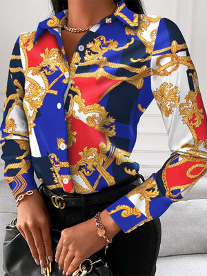 Chain Print Blouses for Women Button Up T-Shirt Simple Loose