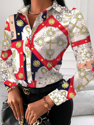 New Chain Print Women Tops And Blouses Fashion Turn-down Collar Long Sleeve Casual Plus Size Elegant Office Work Lady Shirts