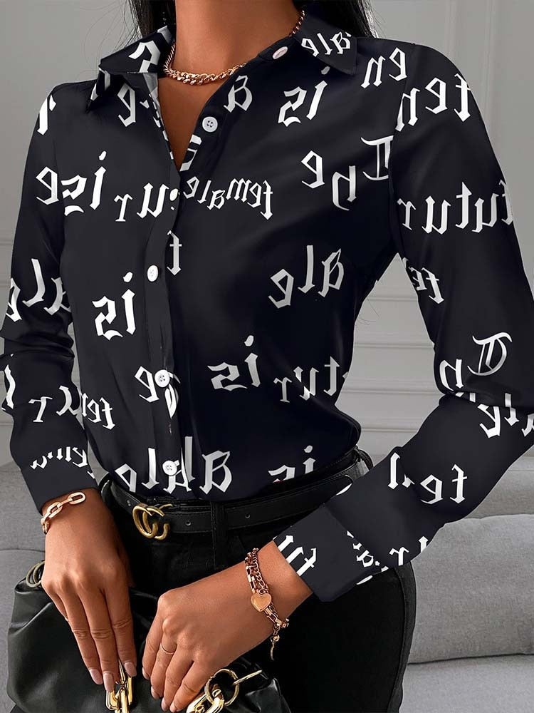 New Chain Print Women Tops And Blouses Fashion Turn-down Collar Long Sleeve Casual Plus Size Elegant Office Work Lady Shirts